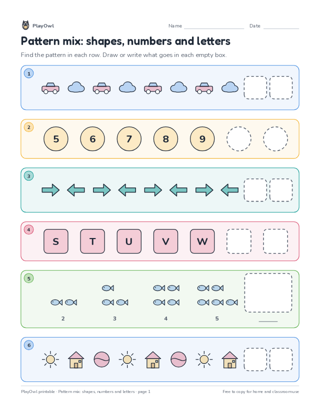 Pattern mix: shapes, numbers and letters: math pattern worksheet for Grade 1, page 1 preview