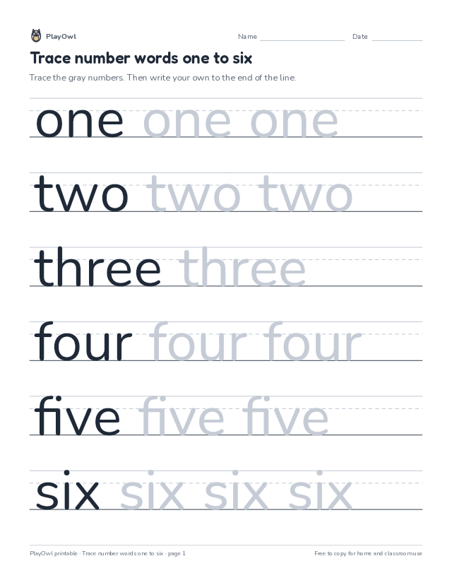 Trace number words one to six: tracing worksheet for Grade 1, page 1 preview