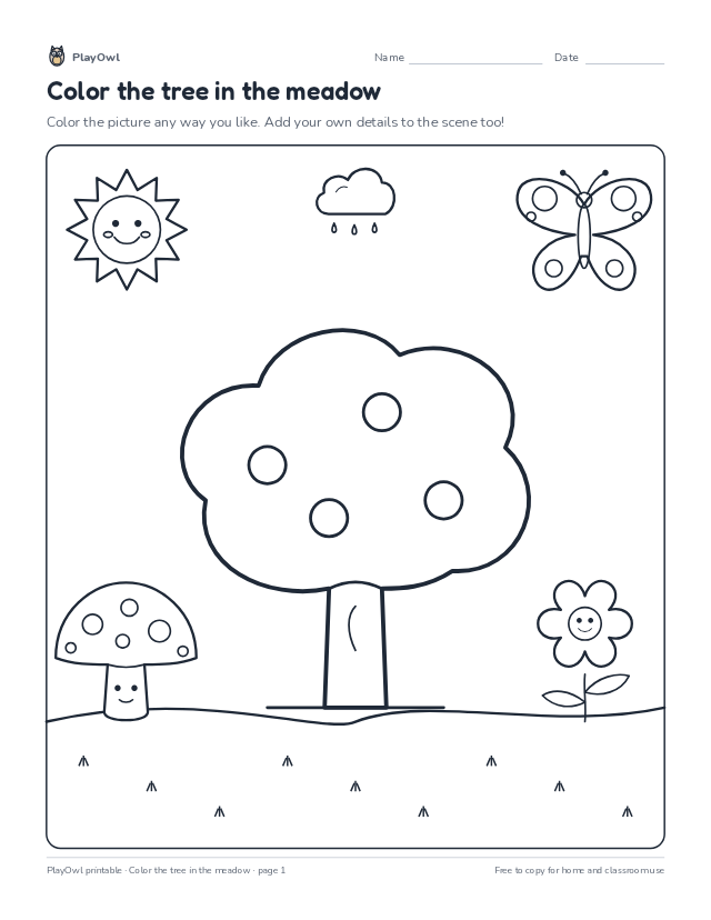 Color the tree in the meadow: coloring page for Grade 1, page 1 preview