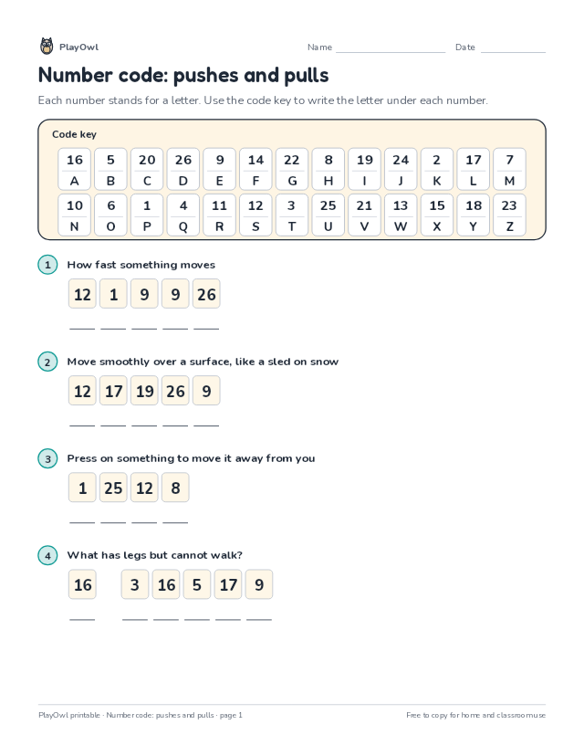 Number code: pushes and pulls: secret code puzzle for Grade 1, page 1 preview