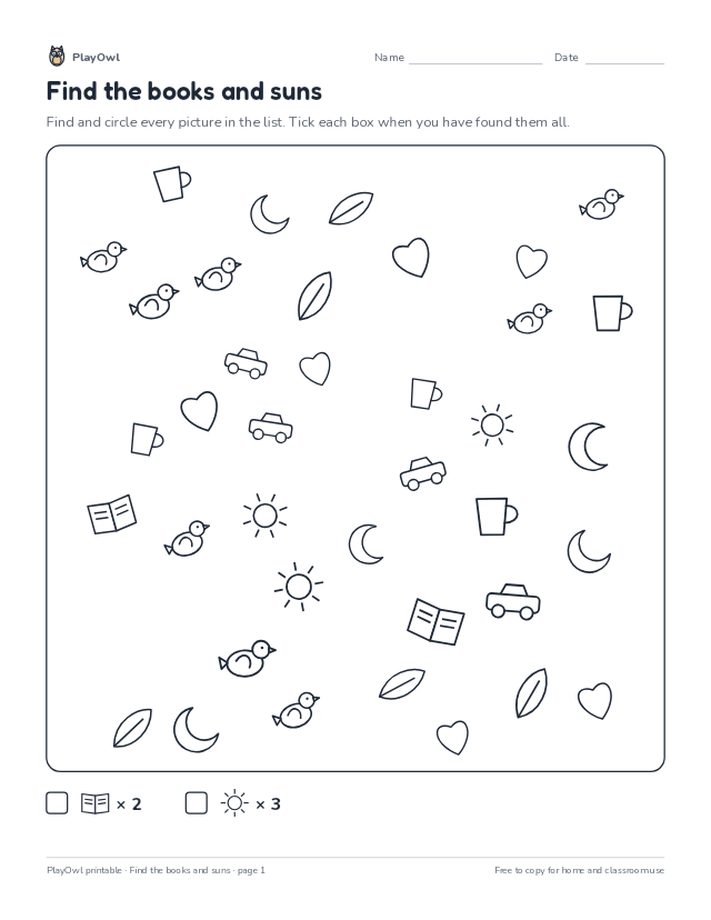 Find the books and suns: hidden picture puzzle for Grade 1, page 1 preview