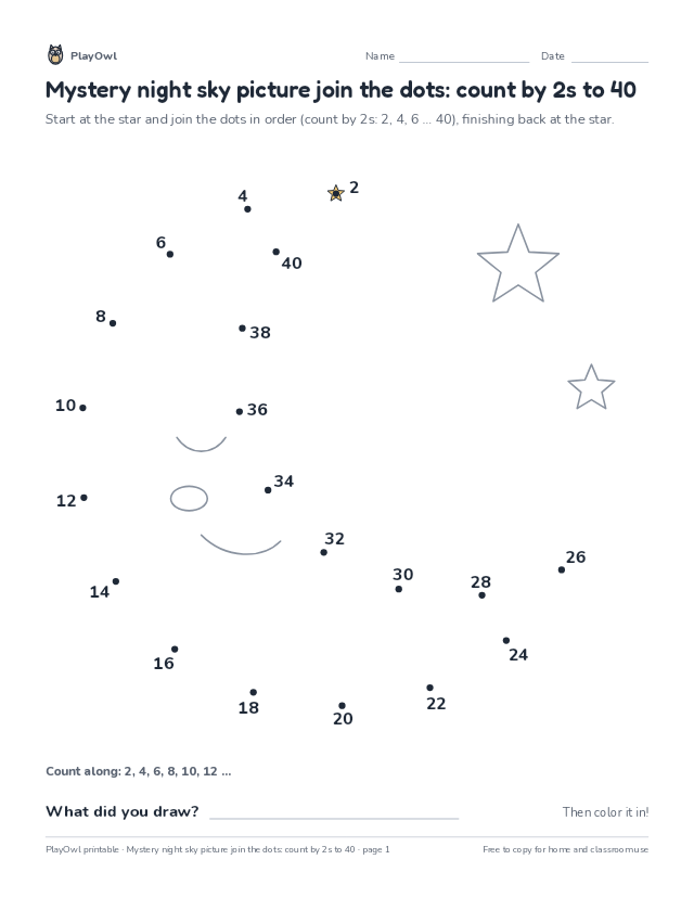 Mystery night sky picture join the dots: count by 2s to 40: dot-to-dot for Grade 1, page 1 preview