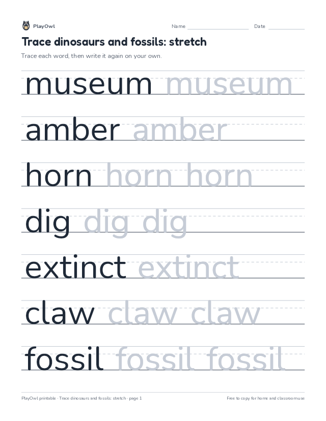 Trace dinosaurs and fossils: stretch: tracing worksheet for Grade 1, page 1 preview