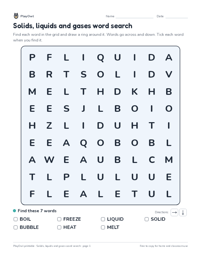 Solids, liquids and gases word search: word search for Grade 1, page 1 preview