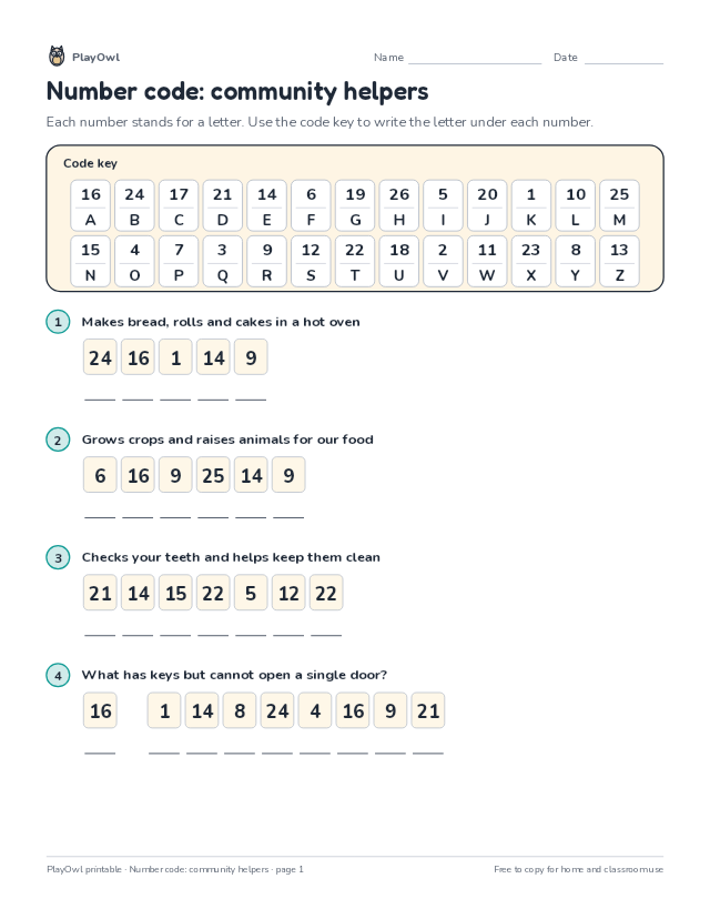 Number code: community helpers: secret code puzzle for Grade 1, page 1 preview
