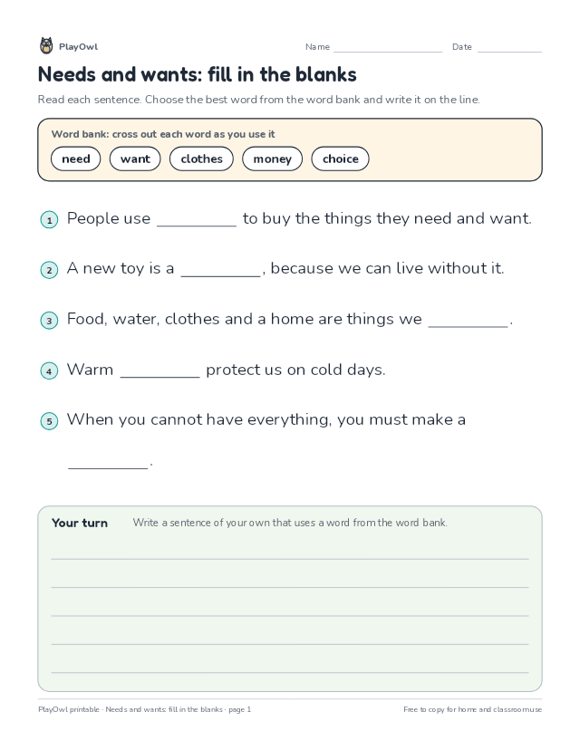 Needs and wants: fill in the blanks: fill-in-the-blank worksheet for Grade 1, page 1 preview