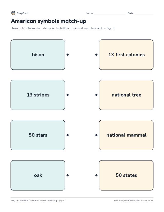 American symbols match-up: matching worksheet for Grade 1, page 1 preview