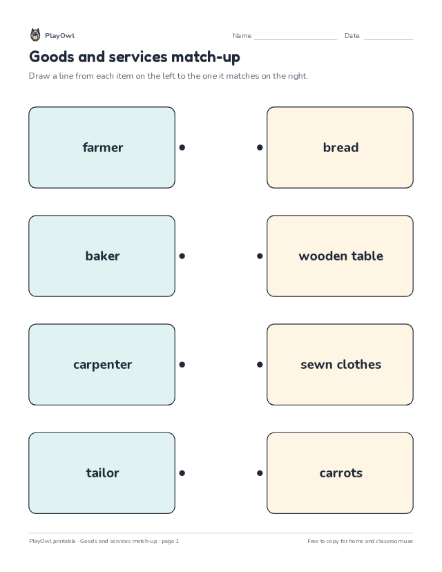 Goods and services match-up: matching worksheet for Grade 1, page 1 preview