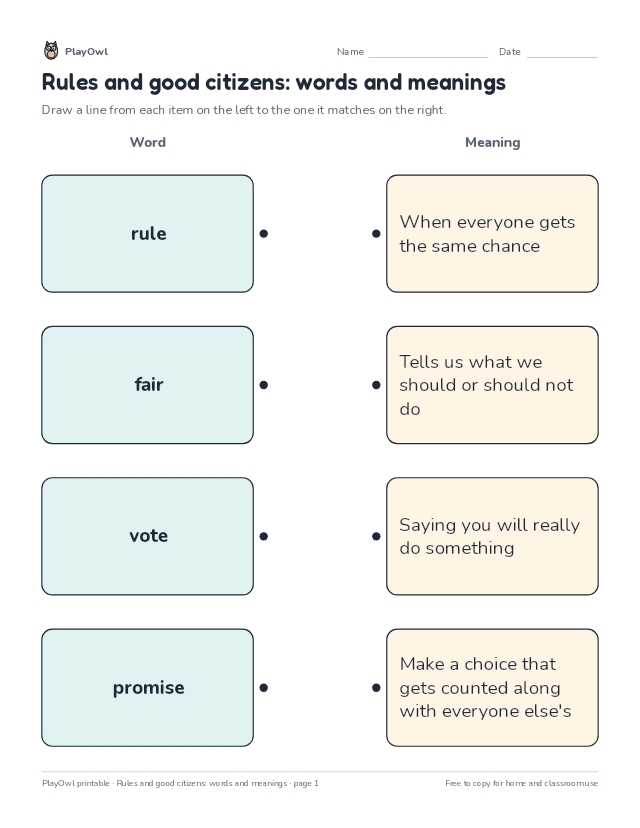 Rules and good citizens: words and meanings: matching worksheet for Grade 1, page 1 preview