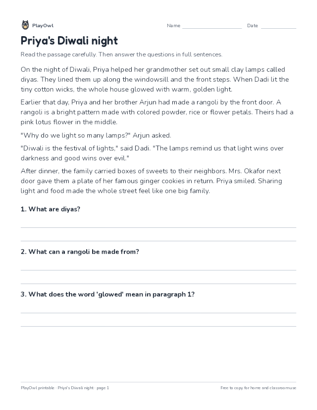 Priya's Diwali night: reading passage for Grades 1–3, page 1 preview