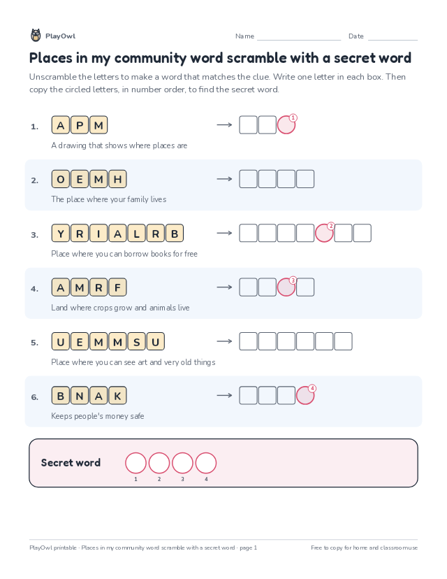 Places in my community word scramble with a secret word: word scramble for Grade 1, page 1 preview