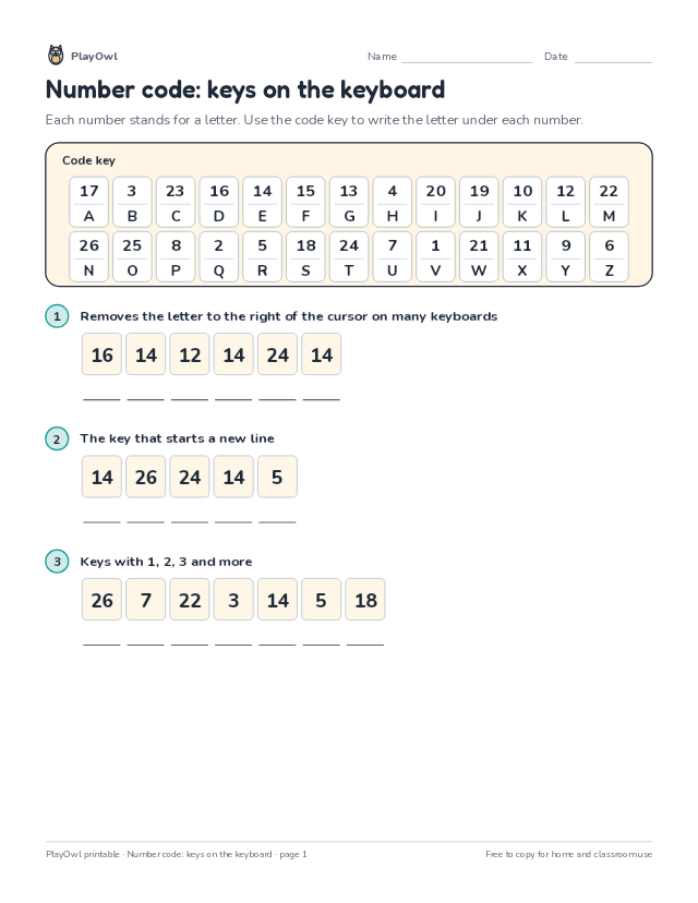 Number code: keys on the keyboard: secret code puzzle for Grade 1, page 1 preview