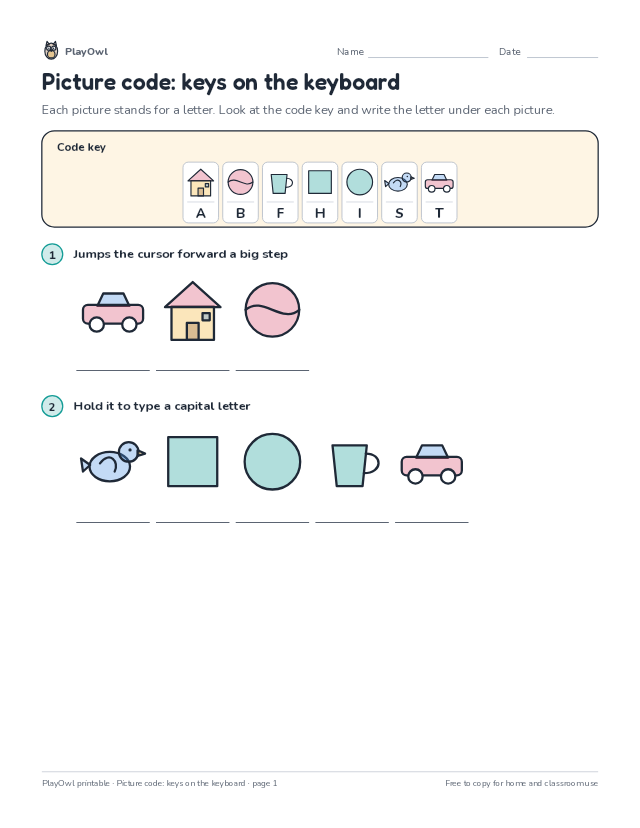 Picture code: keys on the keyboard: secret code puzzle for Grade 1, page 1 preview