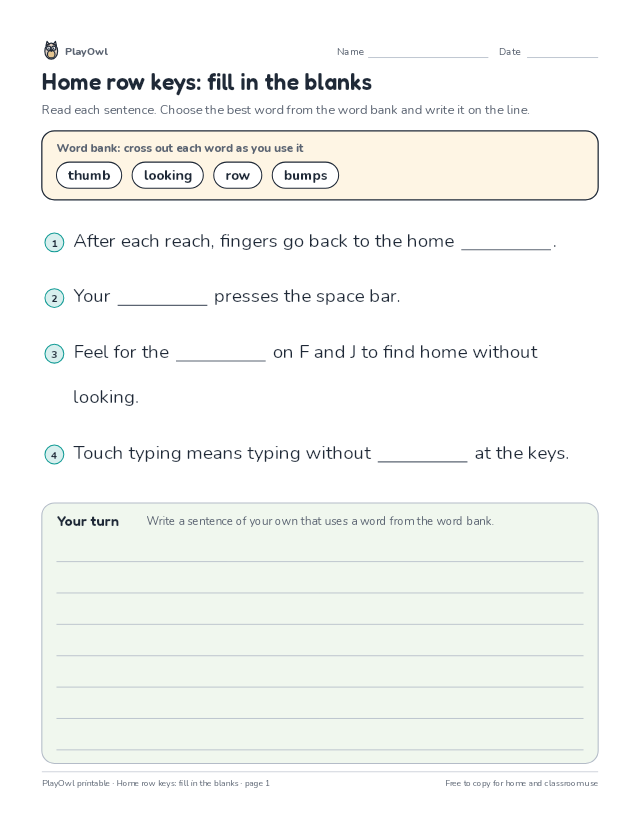 Home row keys: fill in the blanks: fill-in-the-blank worksheet for Grade 1, page 1 preview