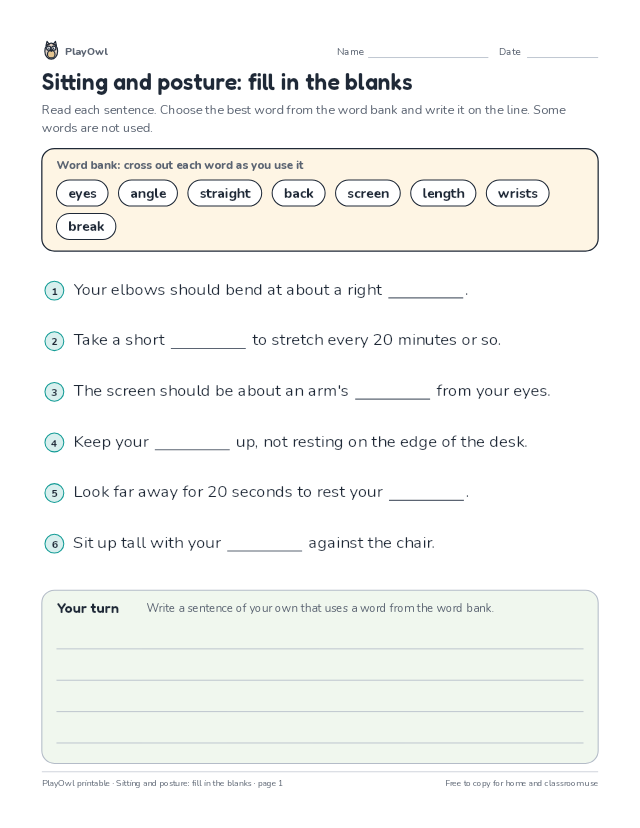 Sitting and posture: fill in the blanks: fill-in-the-blank worksheet for Grades 1–2, page 1 preview