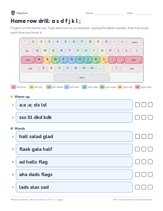 Home row drill: a s d f j k l ;: typing worksheet for Grades 1–2, page 1 preview