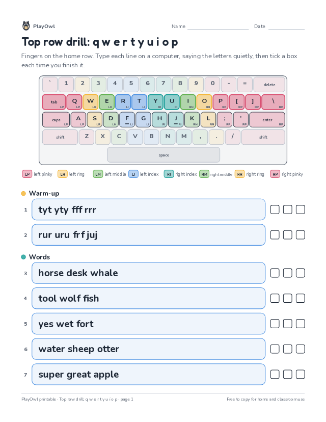 Top row drill: q w e r t y u i o p: typing worksheet for Grades 1–2, page 1 preview