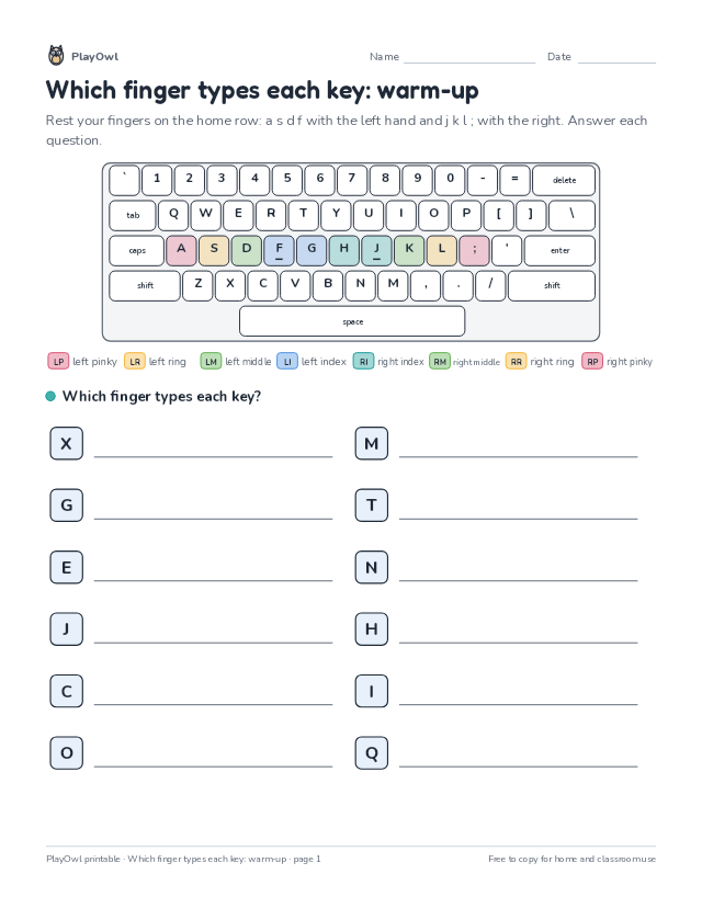 Which finger types each key: warm-up: typing worksheet for Grades 1–2, page 1 preview