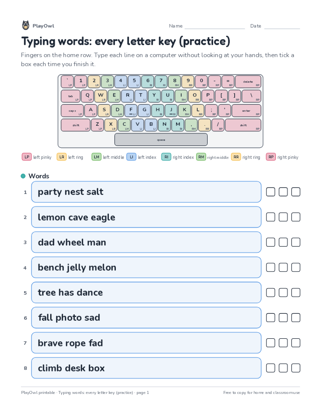 Typing words: every letter key (practice): typing worksheet for Grades 1–2, page 1 preview