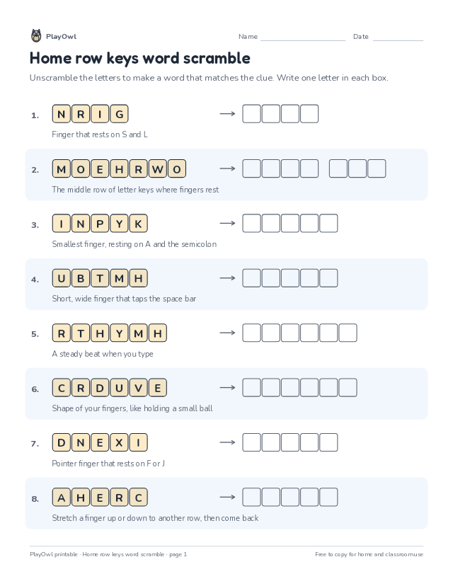 Home row keys word scramble: word scramble for Grade 1, page 1 preview