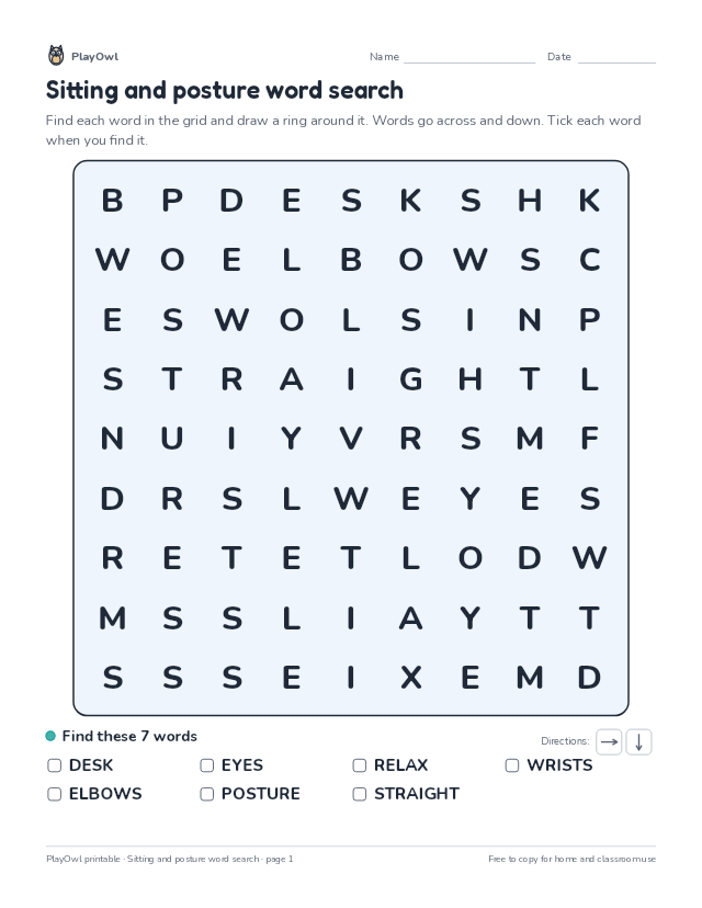 Sitting and posture word search: word search for Grades 1–2, page 1 preview