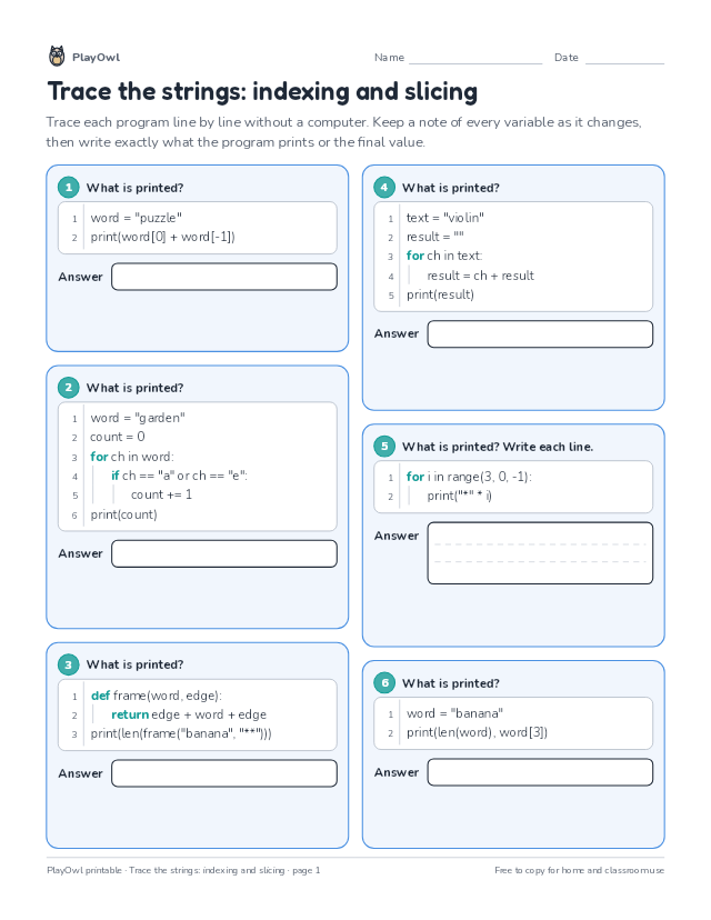 Trace the strings: indexing and slicing: coding worksheet for Grades 10–12, page 1 preview