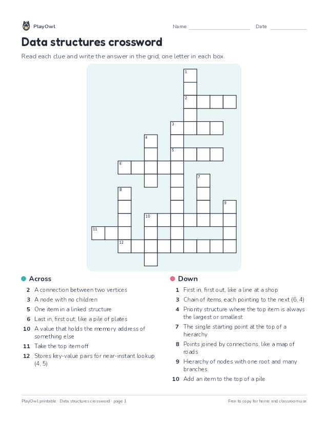 Data structures crossword: crossword puzzle for Grade 10, page 1 preview