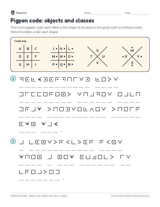 Pigpen code: objects and classes: secret code puzzle for Grade 10, page 1 preview