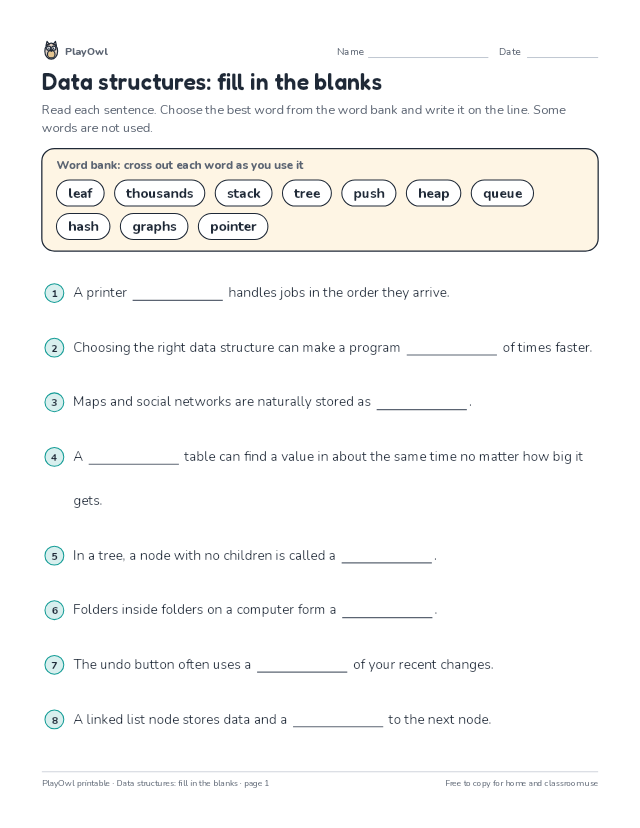 Data structures: fill in the blanks: fill-in-the-blank worksheet for Grade 10, page 1 preview