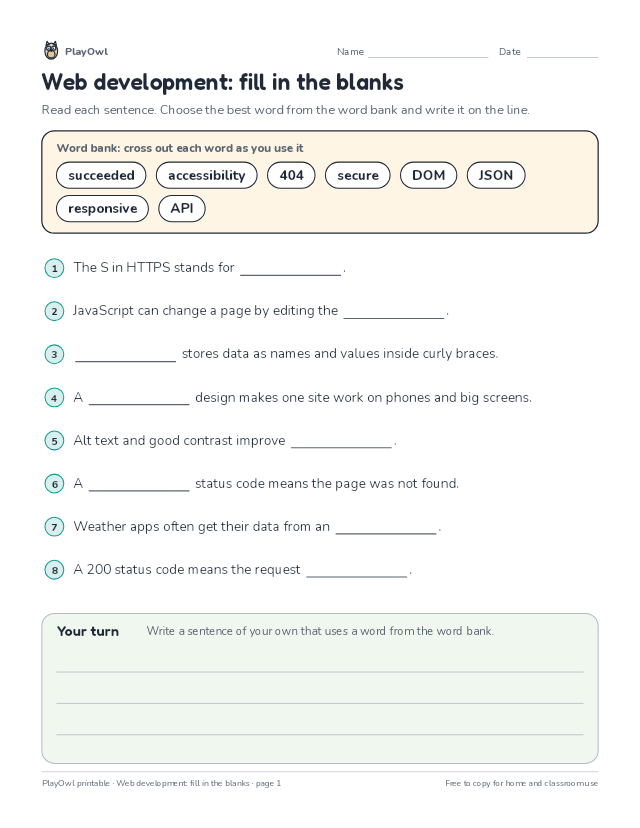 Web development: fill in the blanks: fill-in-the-blank worksheet for Grade 10, page 1 preview