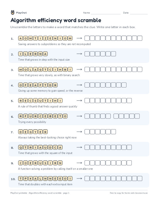 Algorithm efficiency word scramble: word scramble for Grades 10–12, page 1 preview