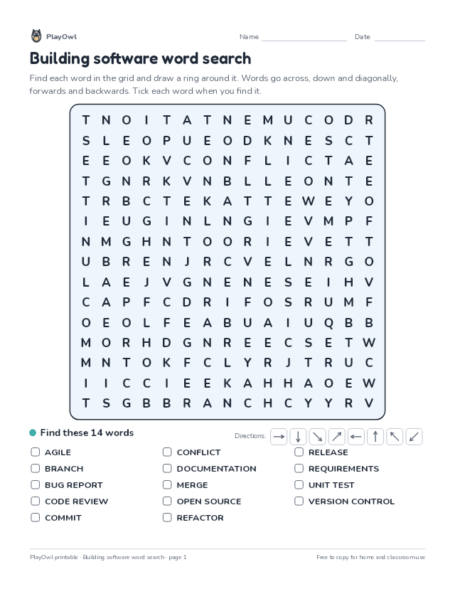 Building software word search: word search for Grade 10, page 1 preview