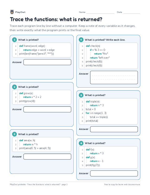 Trace the functions: what is returned?: coding worksheet for Grades 10–12, page 1 preview