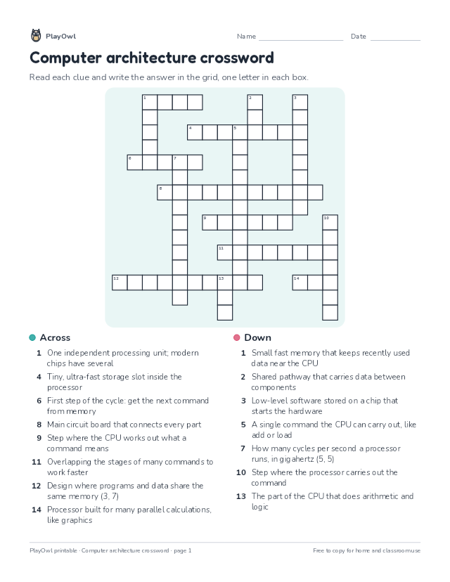 Computer architecture crossword: crossword puzzle for Grade 10, page 1 preview