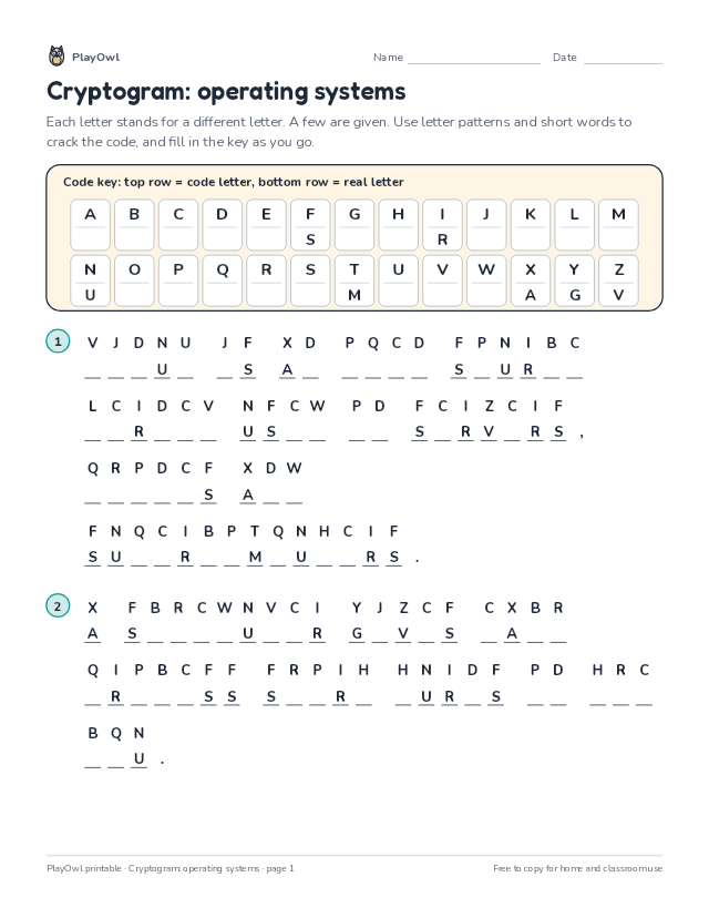 Cryptogram: operating systems: secret code puzzle for Grade 10, page 1 preview