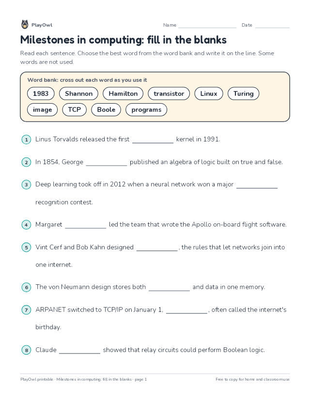 Milestones in computing: fill in the blanks: fill-in-the-blank worksheet for Grade 10, page 1 preview