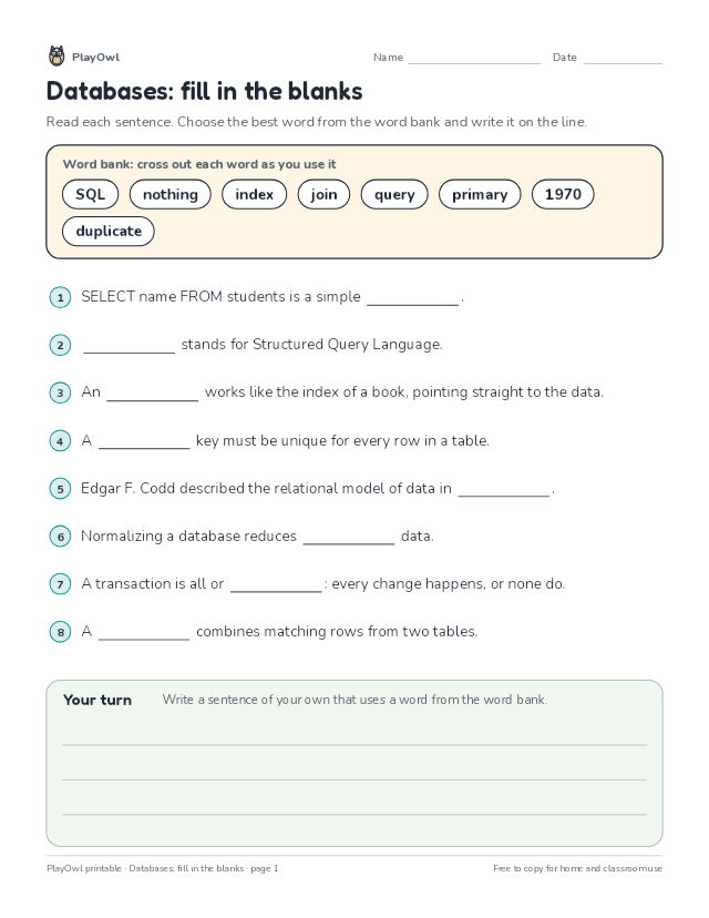Databases: fill in the blanks: fill-in-the-blank worksheet for Grade 10, page 1 preview