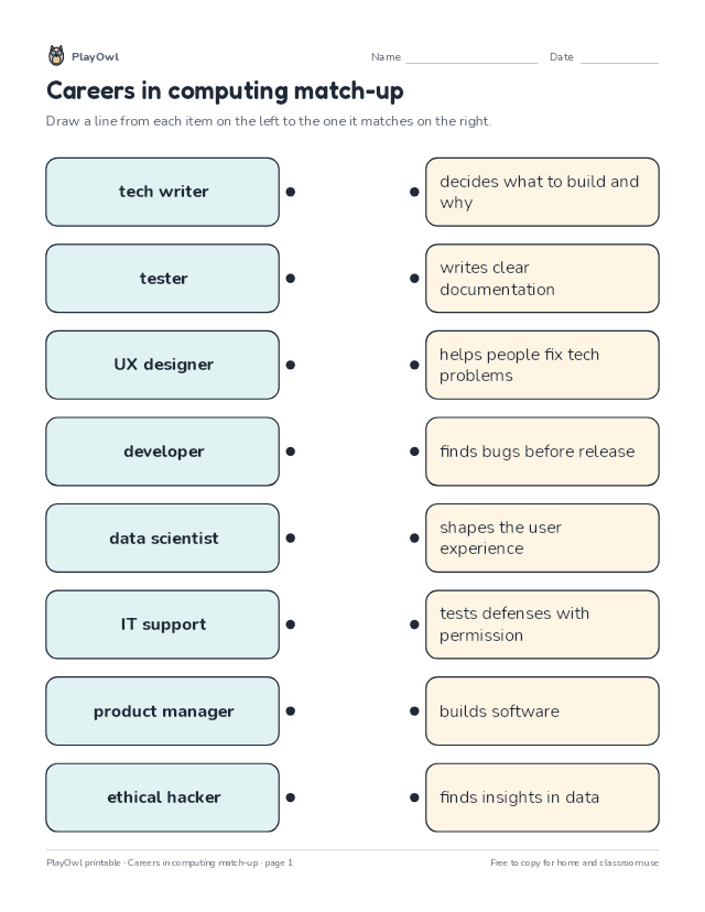Careers in computing match-up: matching worksheet for Grade 10, page 1 preview