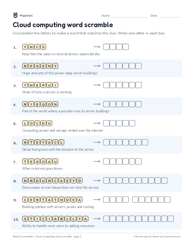 Cloud computing word scramble: word scramble for Grade 10, page 1 preview