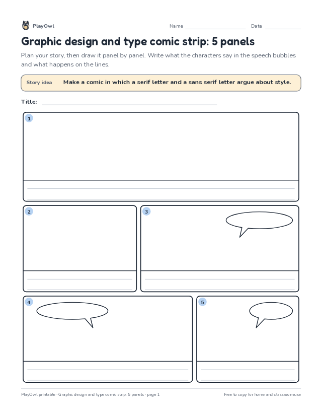 Graphic design and type comic strip: 5 panels: comic strip worksheet for Grades 10–11, page 1 preview