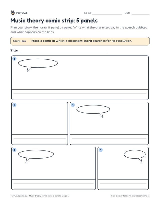 Music theory comic strip: 5 panels: comic strip worksheet for Grade 10, page 1 preview