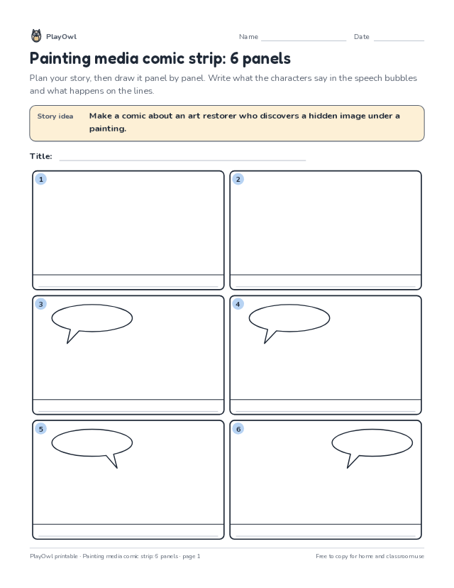 Painting media comic strip: 6 panels: comic strip worksheet for Grade 10, page 1 preview