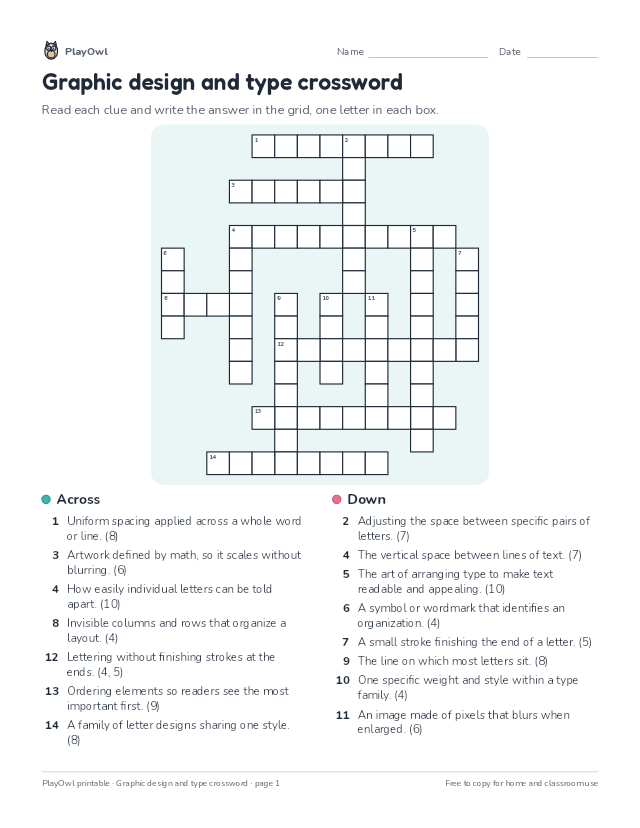 Graphic design and type crossword: crossword puzzle for Grade 10, page 1 preview