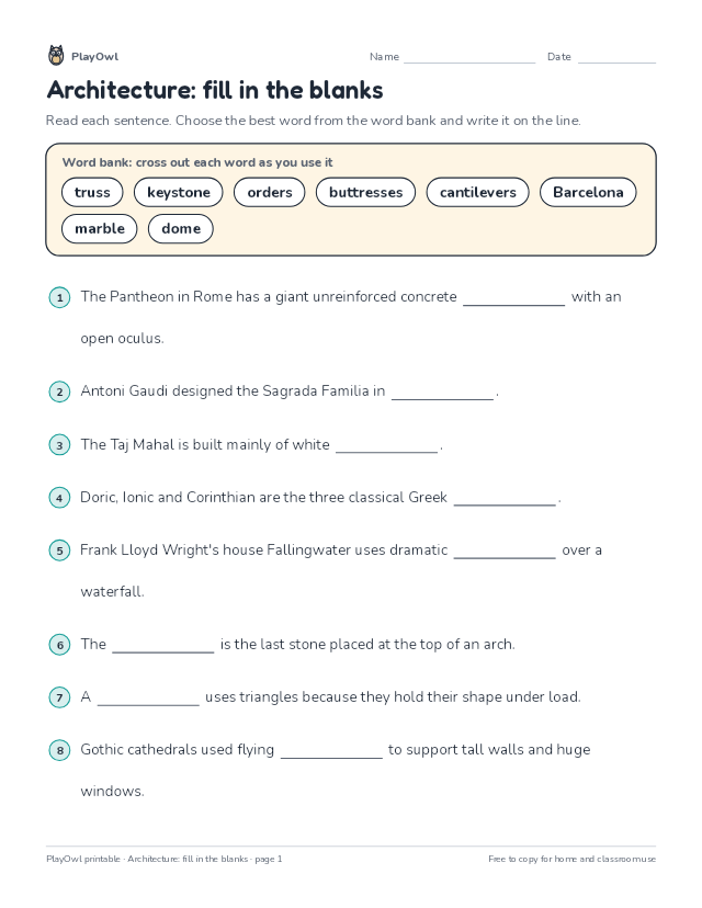 Architecture: fill in the blanks: fill-in-the-blank worksheet for Grade 10, page 1 preview