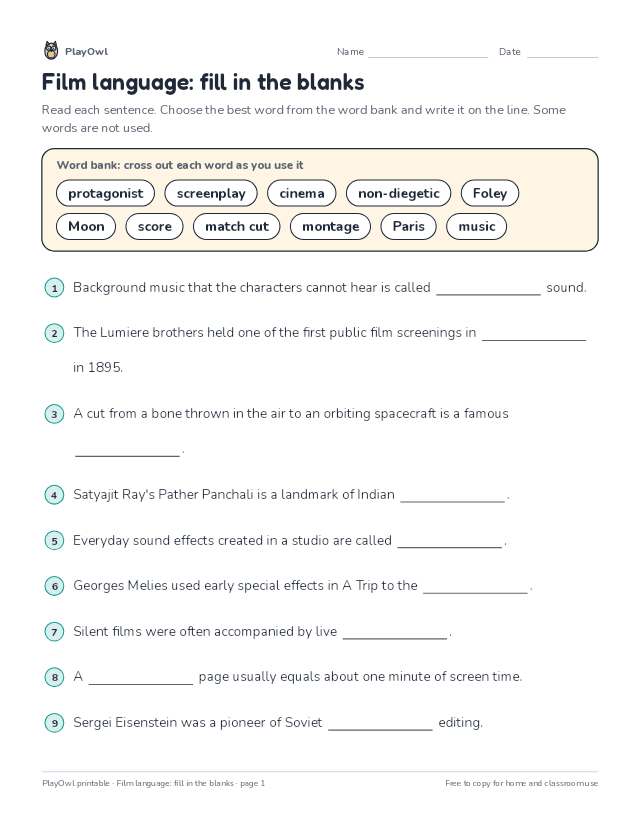 Film language: fill in the blanks: fill-in-the-blank worksheet for Grade 10, page 1 preview