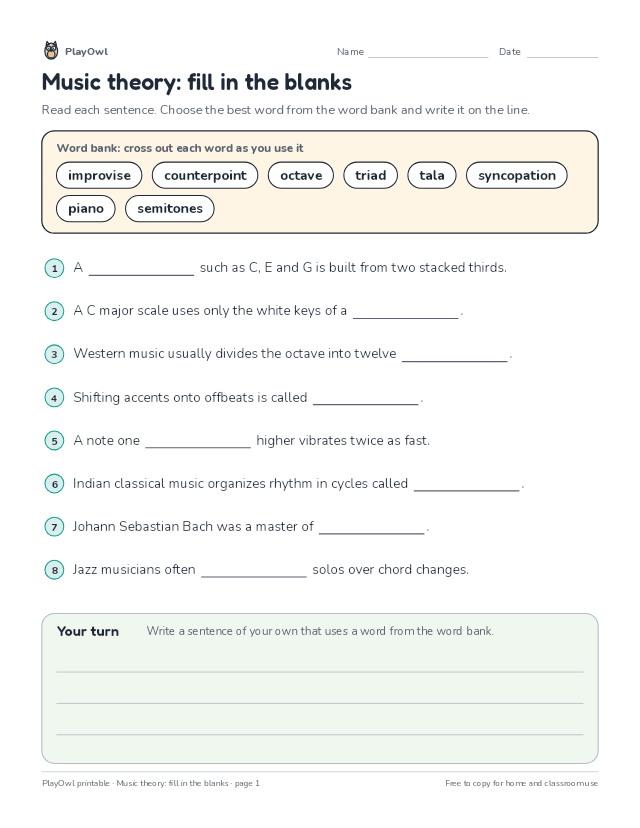 Music theory: fill in the blanks: fill-in-the-blank worksheet for Grades 10–11, page 1 preview