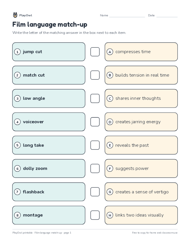 Film language match-up: matching worksheet for Grade 10, page 1 preview