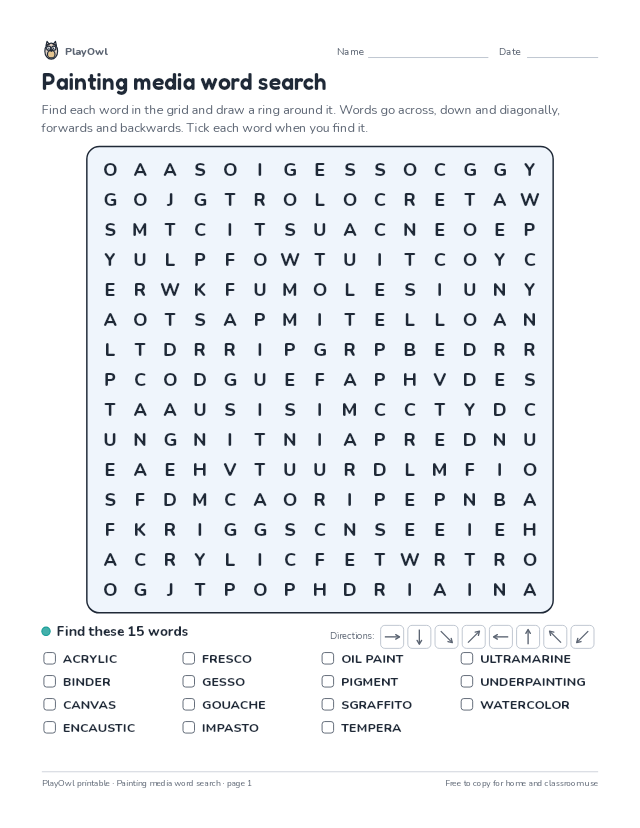 Painting media word search: word search for Grade 10, page 1 preview