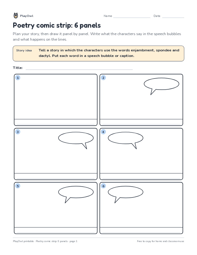 Poetry comic strip: 6 panels: comic strip worksheet for Grade 10, page 1 preview