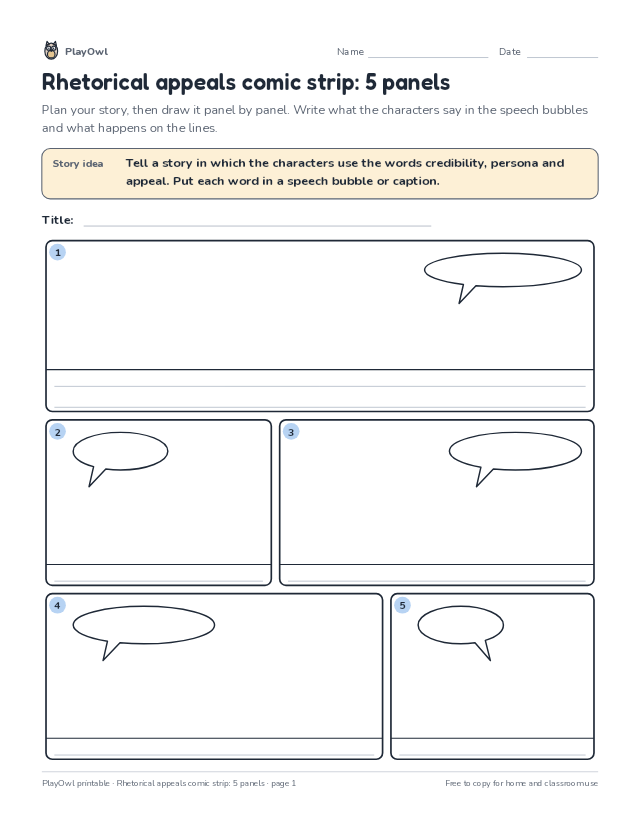 Rhetorical appeals comic strip: 5 panels: comic strip worksheet for Grade 10, page 1 preview